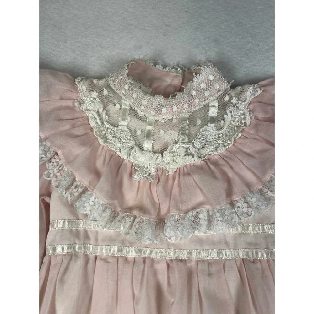 VTG 70's/ 80's Jeunes Filles GUNNE SAX Pink Lace Trim Dress Girls Size 5 - Picture 3 of 16